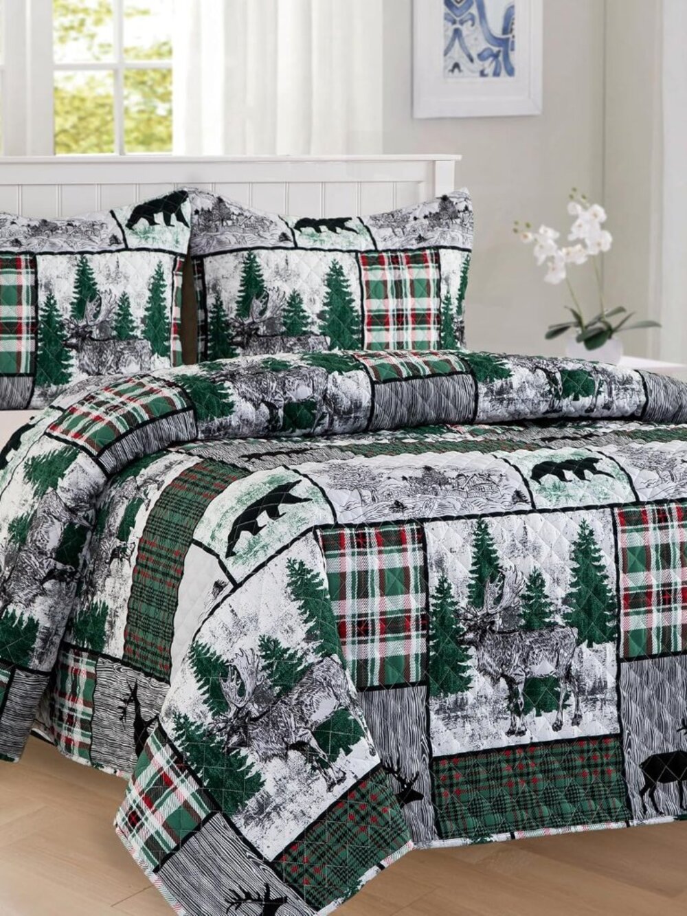 3-Piece Holiday Rustic Plaid Patchwork Reversible Quilt - Soft Bedspread with Ma - Picture 2 of 8